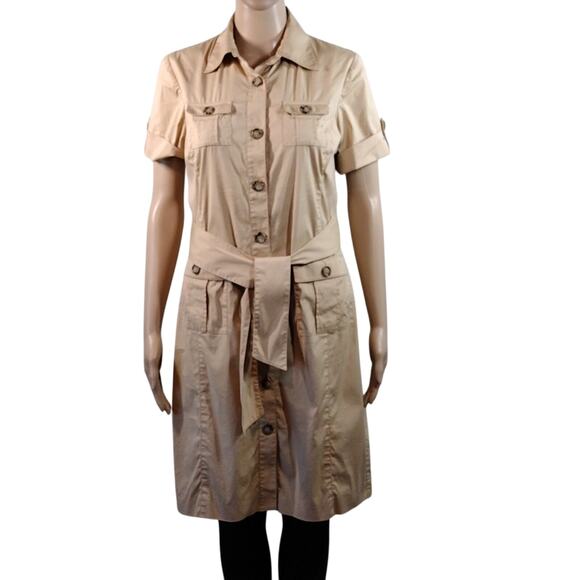 Anne Klein AK Stretch Brown Beige Button Down Short Sleeve Knee Length Dress 6P - Picture 1 of 11